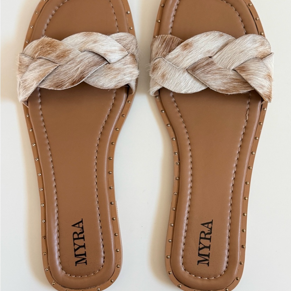 Myra Braided Leather Women's Tan and Cream Sandals